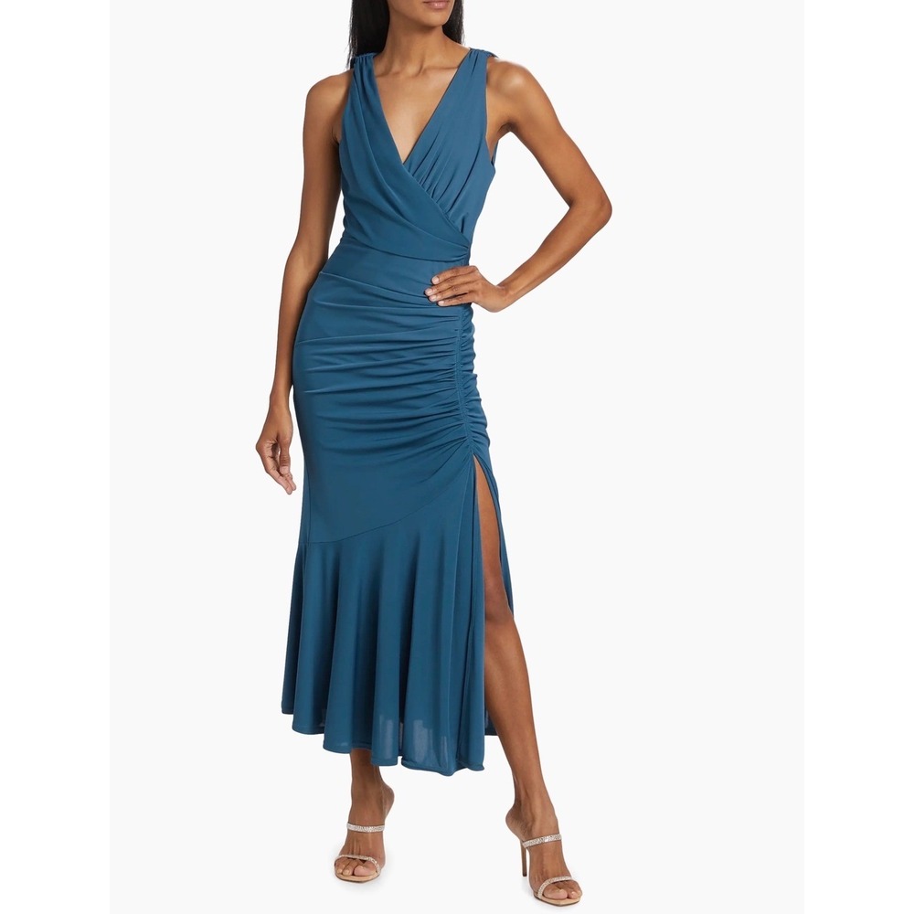New! Cinq à Sept Mika Ruched Midi Dress Blue Surplice Sleeveless Size 2 $395